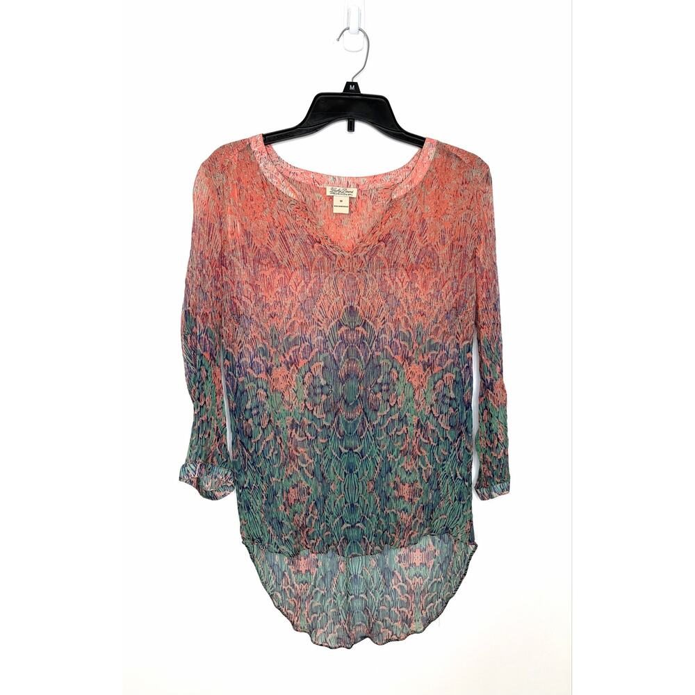 Lucky Brand Peacock Scales Pattern Sheer Tunic Top Sz M Boho Peasant Layer Artsy